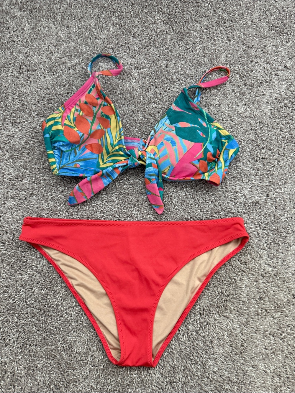 Shade & Shore Tropical Print Tie-Front Bikini Top with Kona Sol Coral Bottom